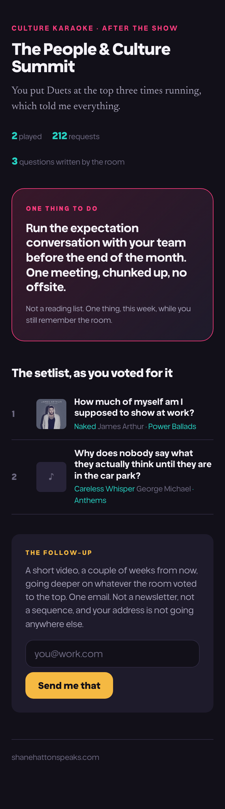 The after-show page: the setlist as the room voted it, and the one action to take.