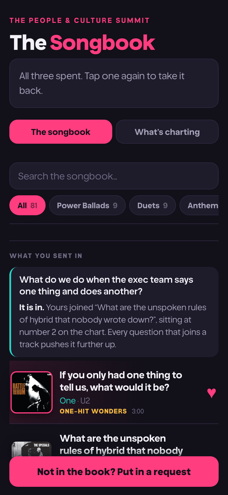 The songbook on a phone: questions grouped by genre, each with a song and album sleeve, and three requests to spend.