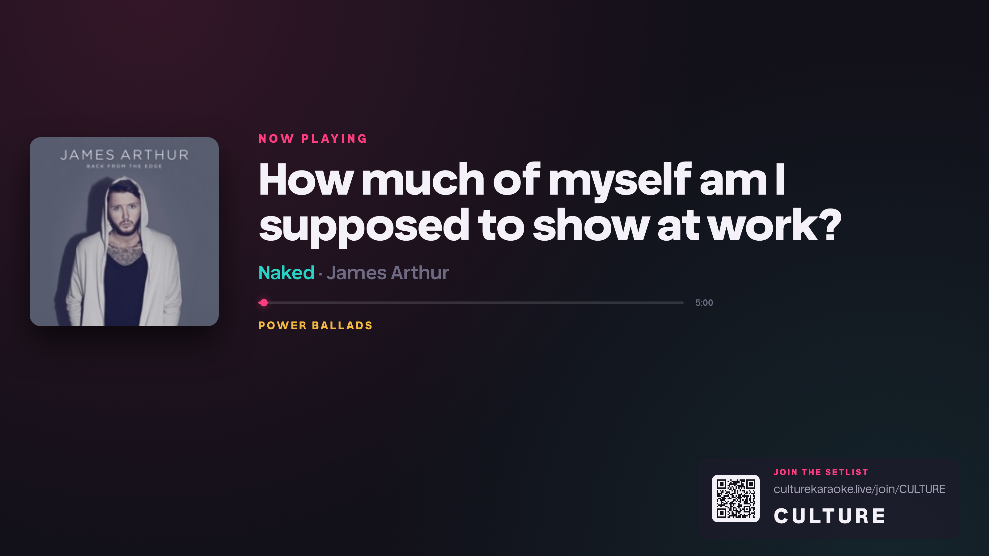 A question on the screen with its album sleeve, artist and a progress line, the way a record player shows a track.